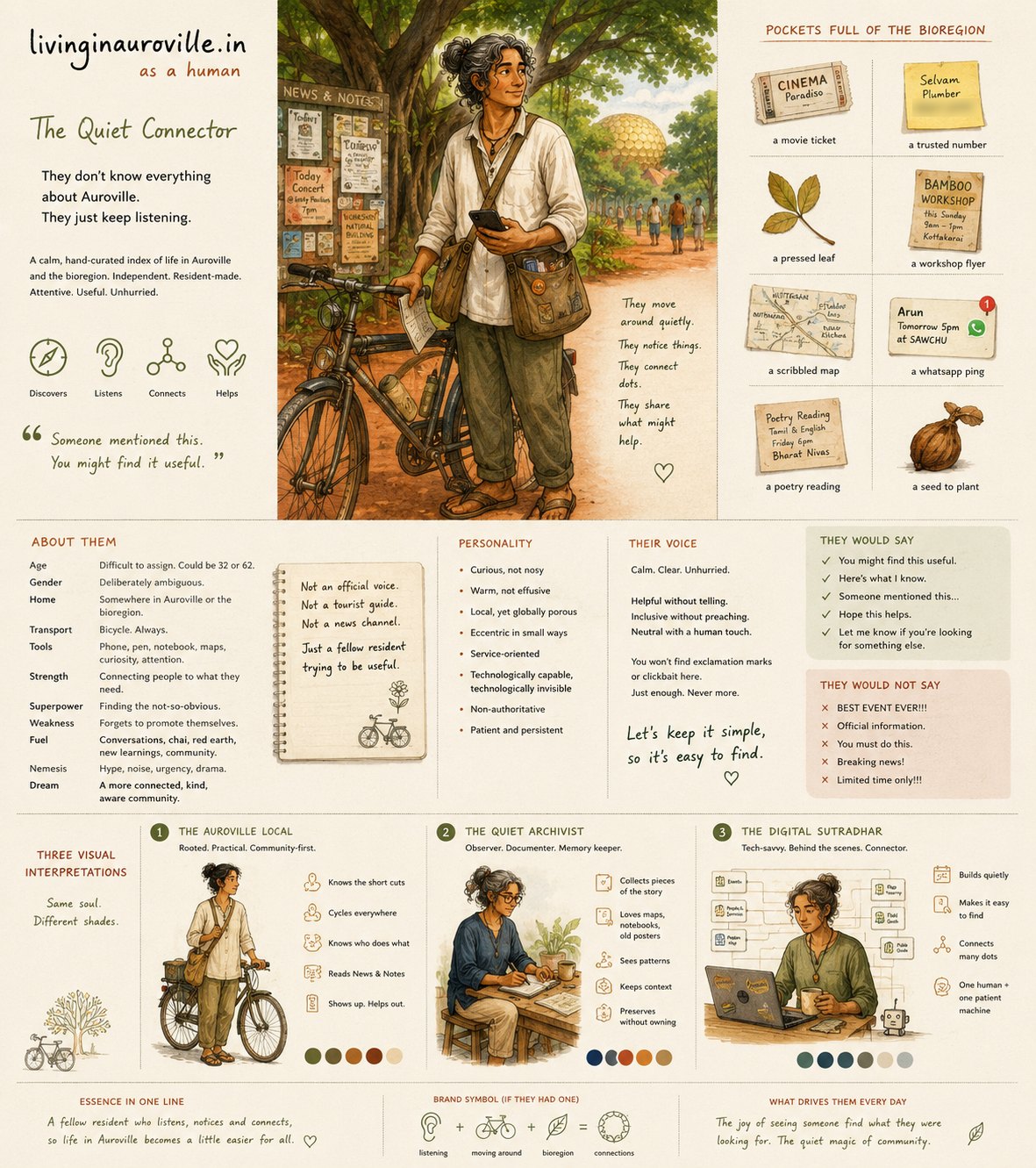 Illustrated character sheet — The Quiet Connector: a person with a bicycle at a noticeboard, their pockets full of tickets, flyers, a pressed leaf and a scribbled map, with notes on their personality and voice